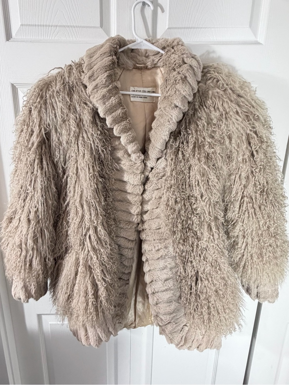 Vintage Tibet Lamb Rabbit Fur Shaggy Coat Beige Women’s Large Soft Glam Fur Coat